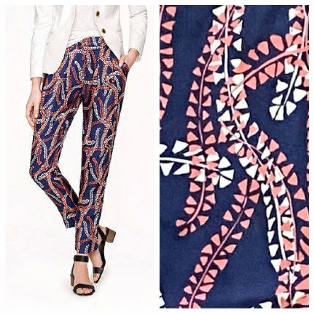 J. Crew Silk Pants Navy Coral Print Sophisticated Size 0